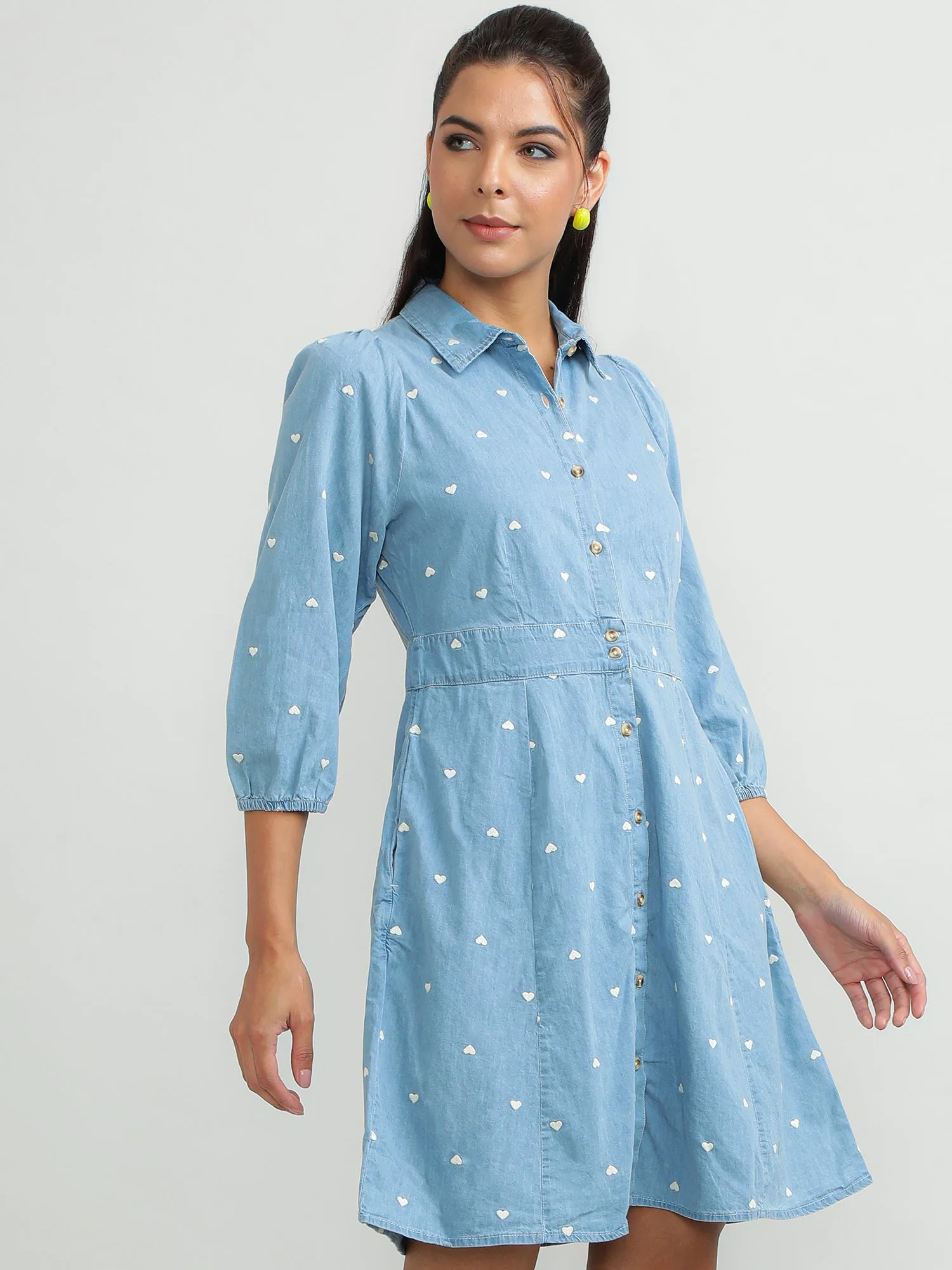 Women Cotton Blue Smart Dress