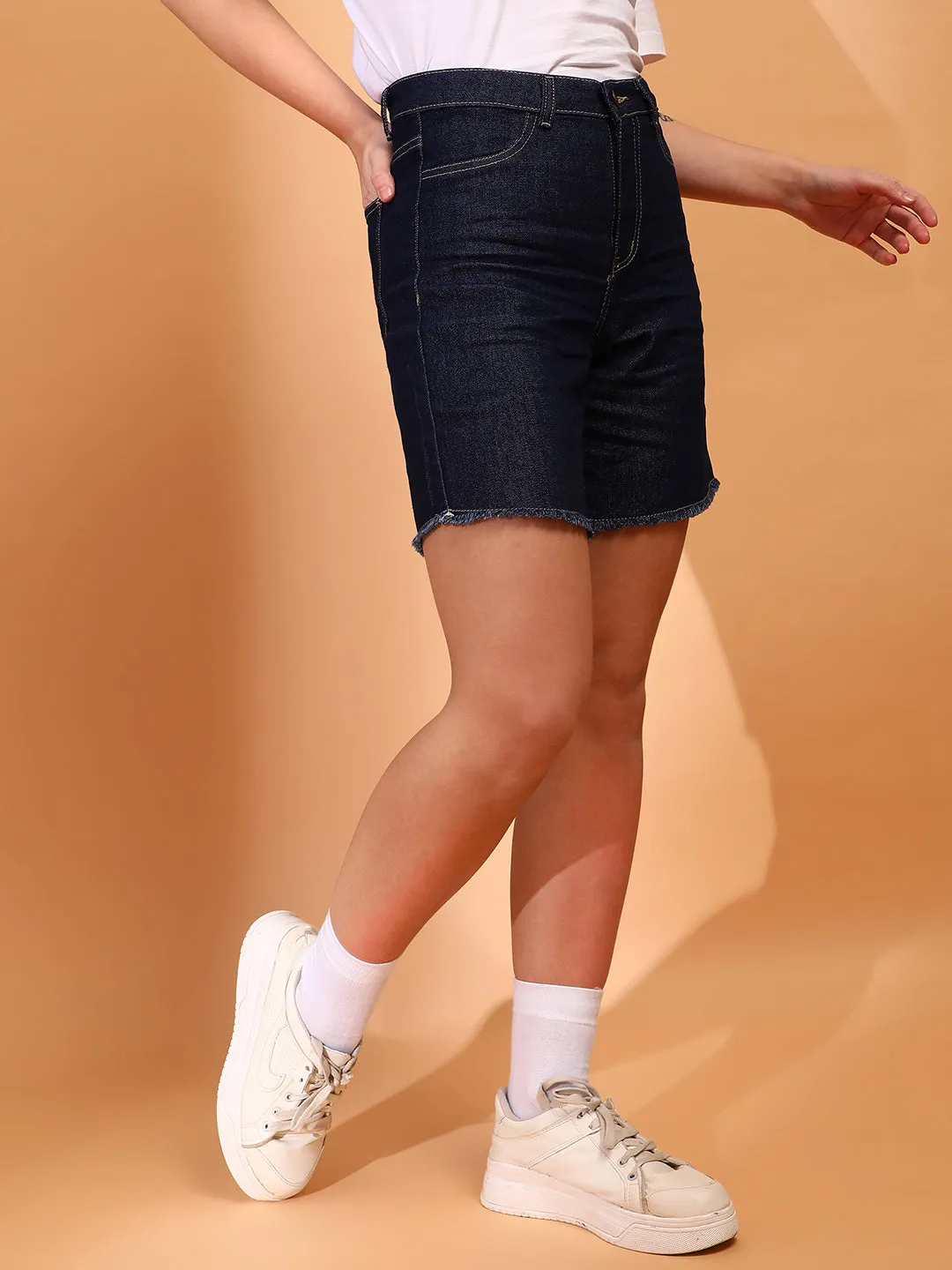 Women Denim Solid Dark Blue Shorts