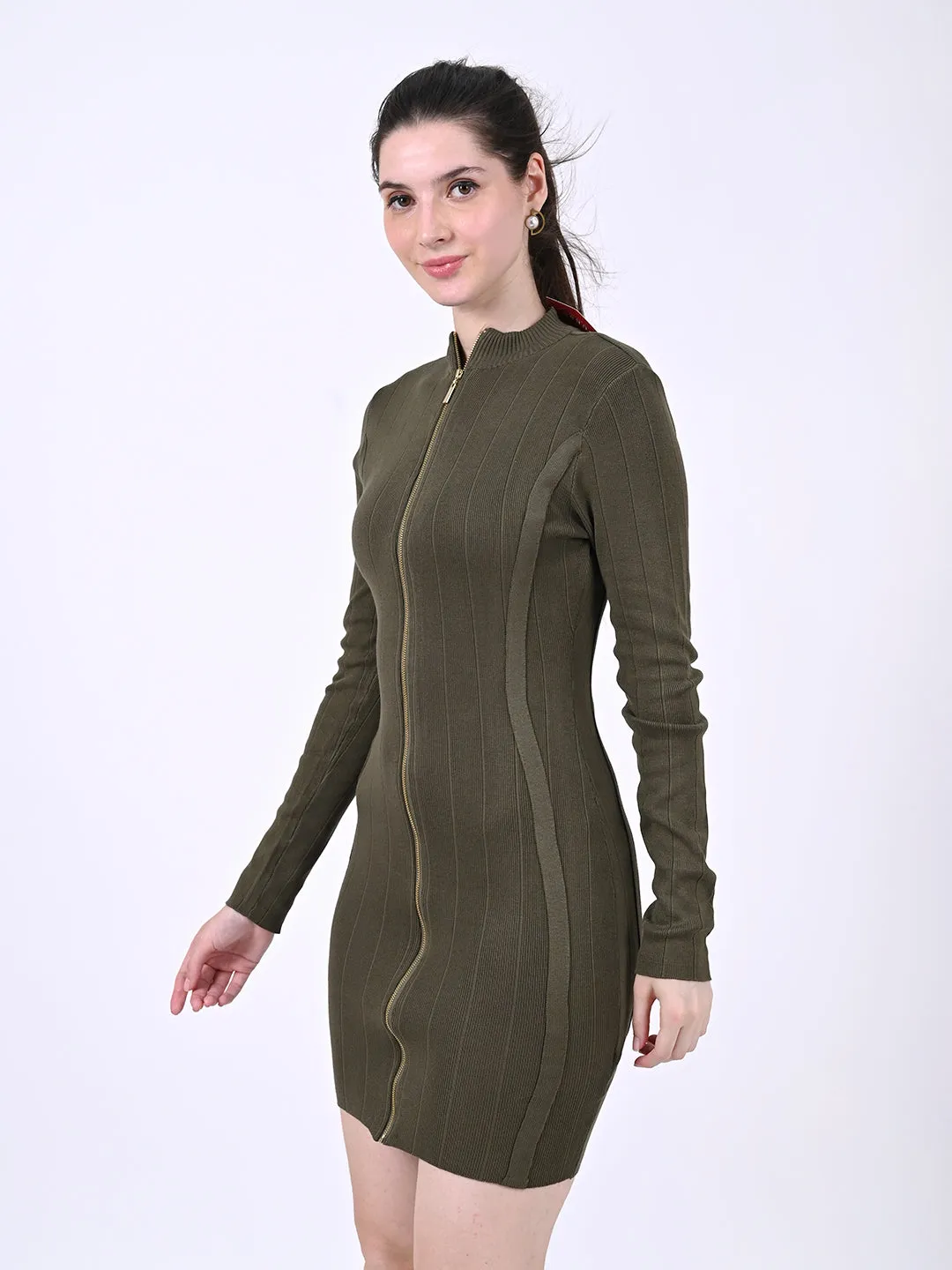 Women Green Front Zip Bodycon Dress