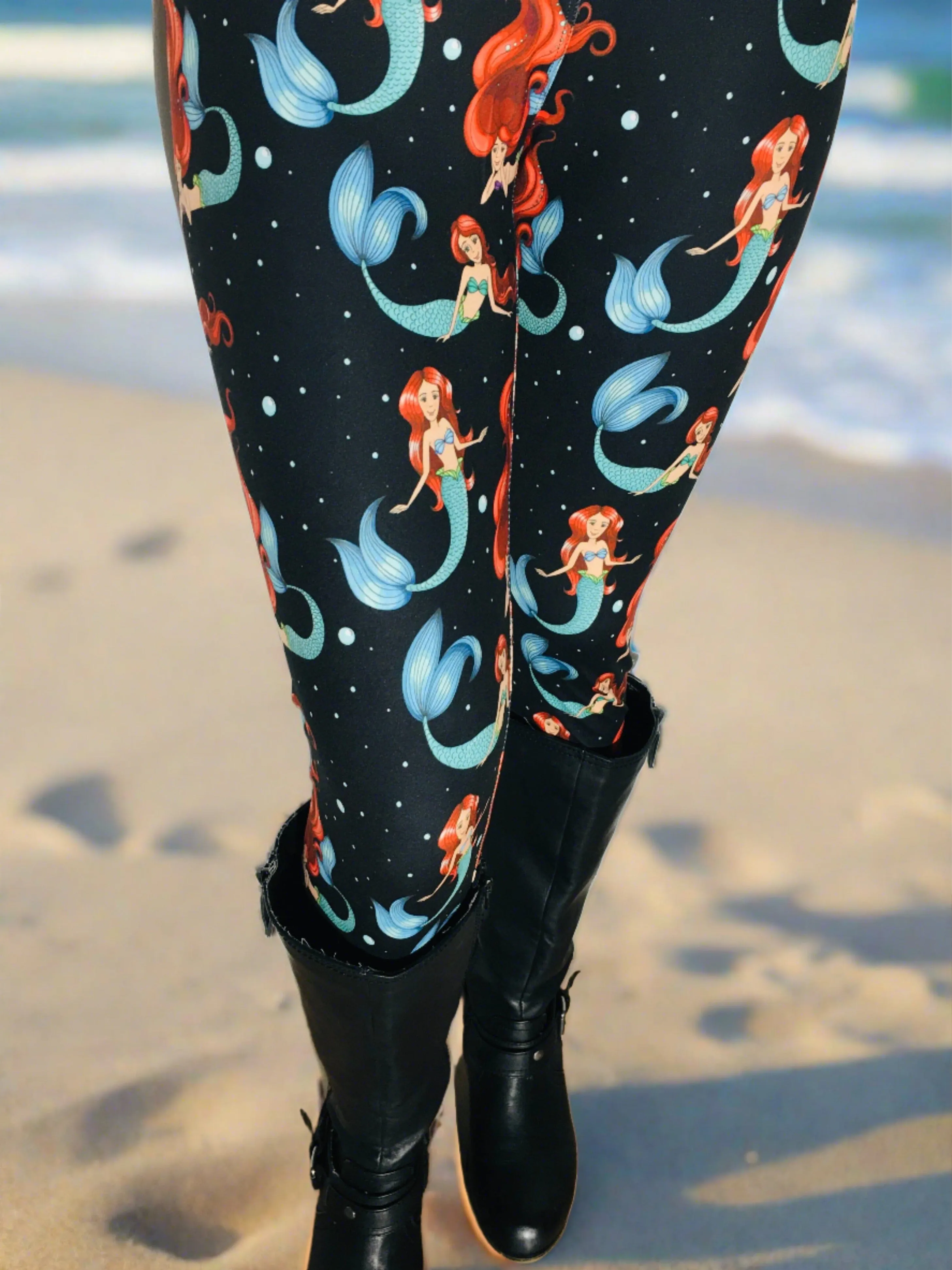 Womens Mermaid Leggings, Soft Yoga Pants, Sizes 0/20, Yoga Waist, Black/Multi, Exclusive Leggings