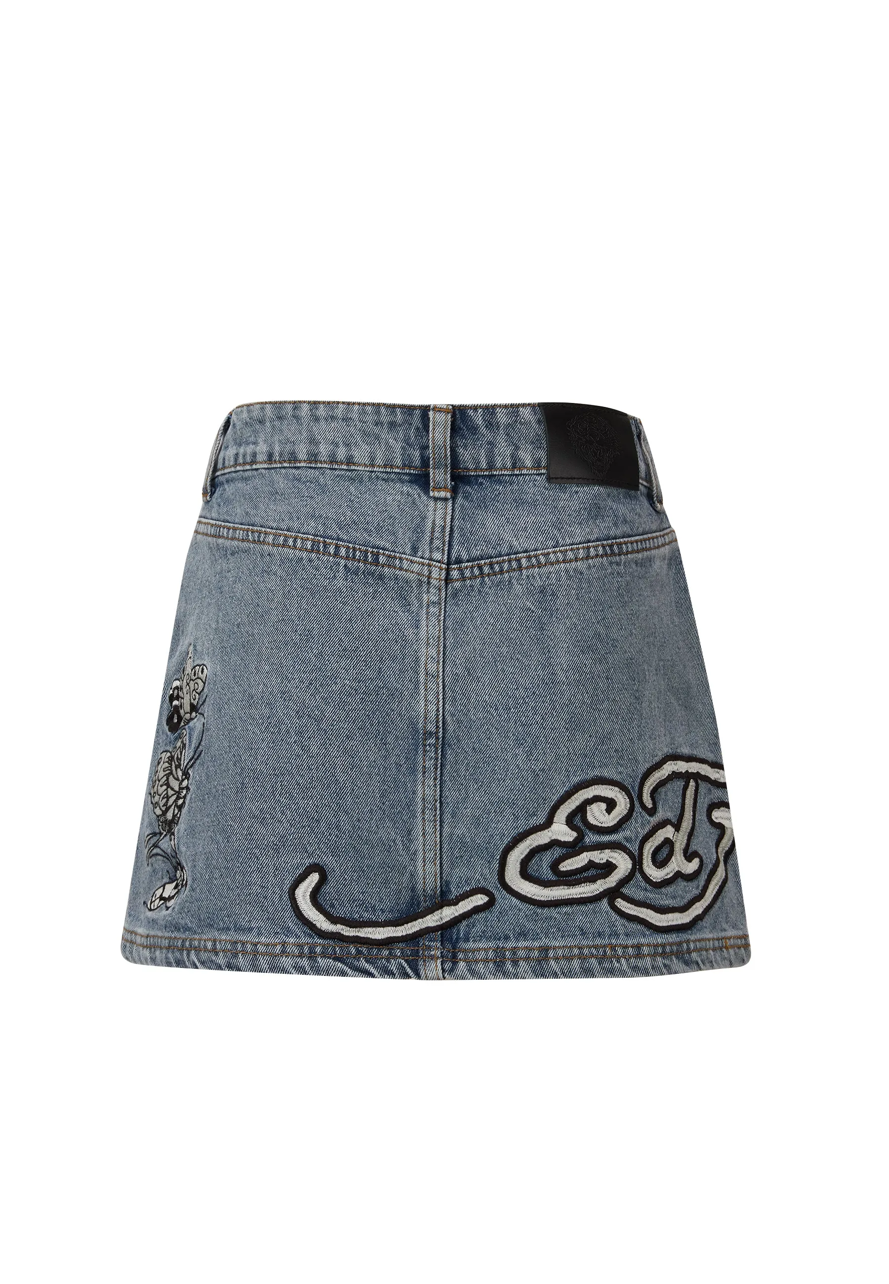 Womens Water Butterfly Denim Mini Skirt - Bleach